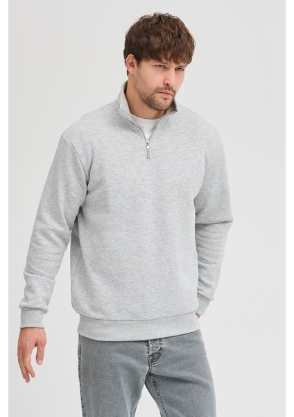 Unisex Regular Fit Rahat Kesim Pamuklu Içi Polarlı Yarım Fermuarlı Gri Dik Yaka Sweatshirt modelleri