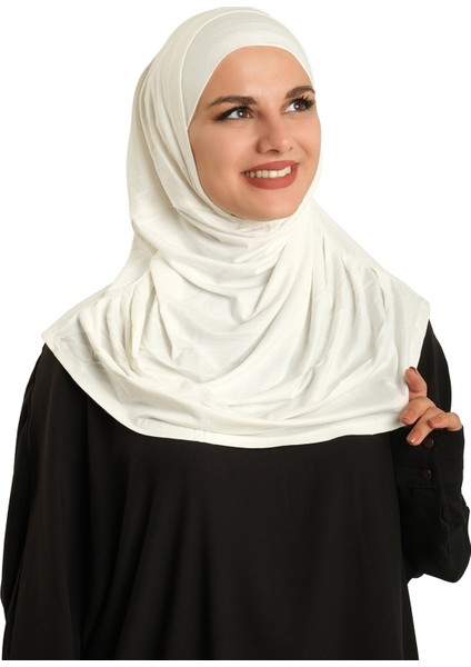 Krem Pratik Hazır Geçmeli Tesettür Eşarp Viskon Boneli Büyük Boy 1290BV_40
