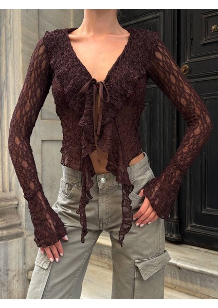 Siyah Dantel Bağlama Detaylı Bluz