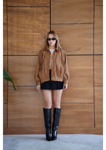 Kadın Bordo Fermuar Detaylı Kısa Ceket Bomber Gömlek Yaka Baharlık Ceket