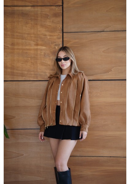 Kadın Bordo Fermuar Detaylı Kısa Ceket Bomber Gömlek Yaka Baharlık Ceket modelleri