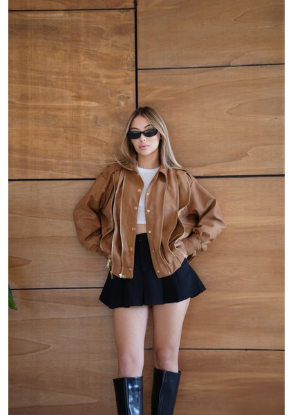 Kadın Bordo Fermuar Detaylı Kısa Ceket Bomber Gömlek Yaka Baharlık Ceket fırsatları