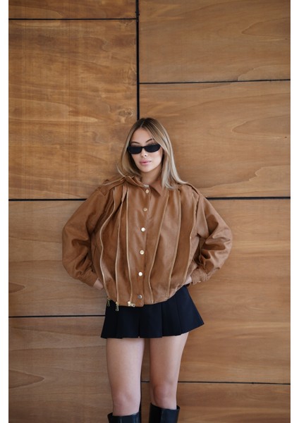 Kadın Bordo Fermuar Detaylı Kısa Ceket Bomber Gömlek Yaka Baharlık Ceket