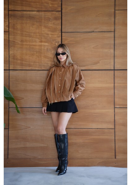 Kadın Bordo Fermuar Detaylı Kısa Ceket Bomber Gömlek Yaka Baharlık Ceket