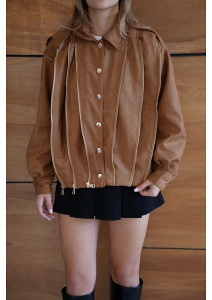 Kadın Bordo Fermuar Detaylı Kısa Ceket Bomber Gömlek Yaka Baharlık Ceket