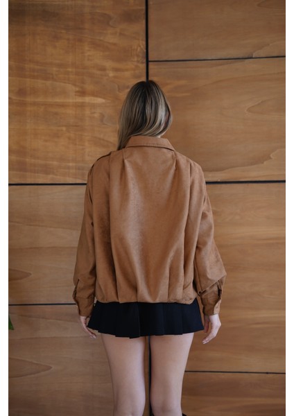 Kadın Bordo Fermuar Detaylı Kısa Ceket Bomber Gömlek Yaka Baharlık Ceket