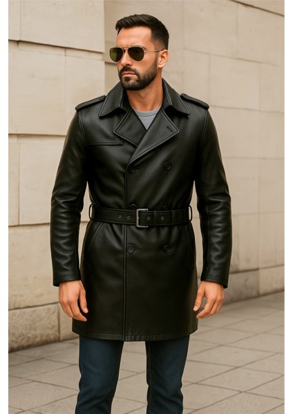 Lugano Hakiki Deri Erkek Siyah Trençkot