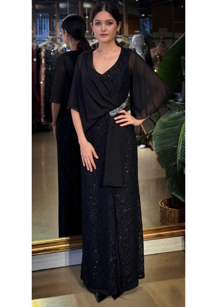 Siyah V Yaka Kısa Kollu Taş Detaylı Düz Kesim Likralı Simli Uzun Abiye Elbise 11035-01