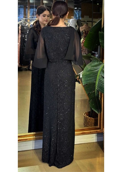 Siyah V Yaka Kısa Kollu Taş Detaylı Düz Kesim Likralı Simli Uzun Abiye Elbise 11035-01 indirimleri