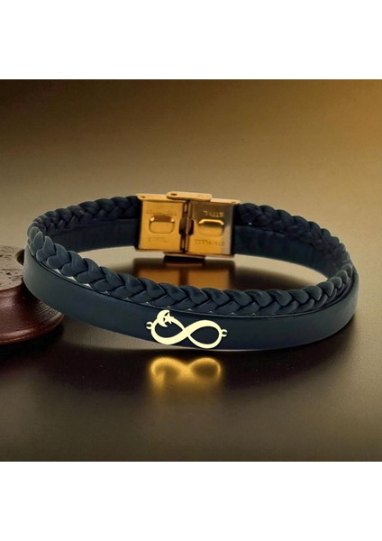 14 Ayar Altın Plakalı Ay Yıldız Temalı Sonsuzluk Motifli Doğal Koyu Yeşil Derili Hediye BILEKLIK-782