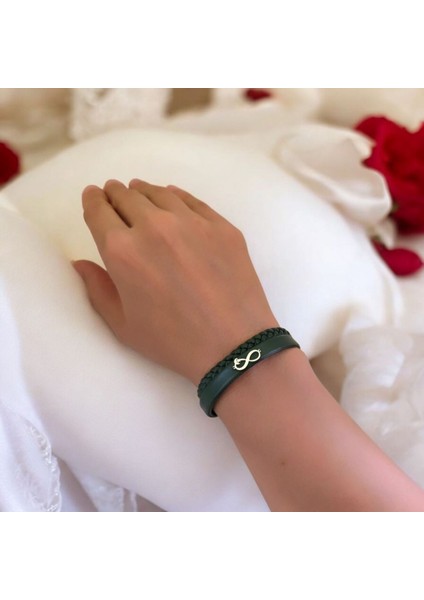 14 Ayar Altın Plakalı Ay Yıldız Temalı Sonsuzluk Motifli Doğal Koyu Yeşil Derili Hediye BILEKLIK-782 fiyatları