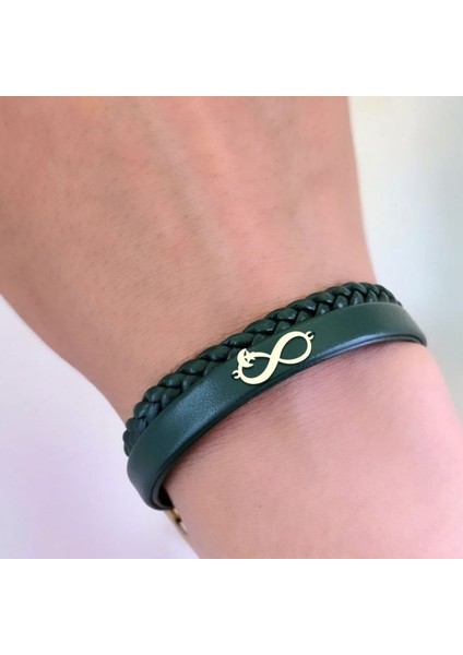 14 Ayar Altın Plakalı Ay Yıldız Temalı Sonsuzluk Motifli Doğal Koyu Yeşil Derili Hediye BILEKLIK-782 modelleri