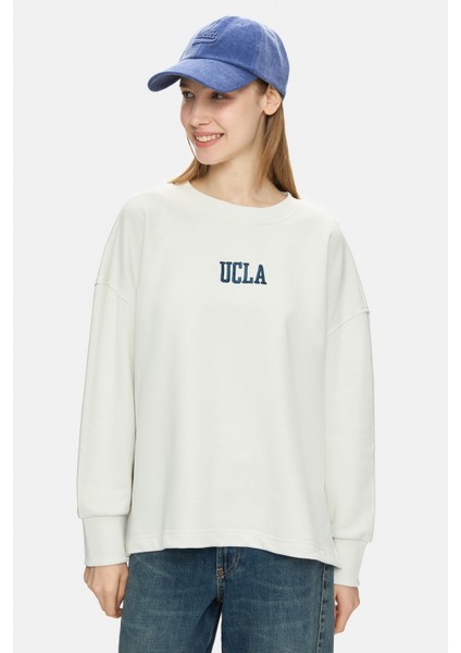 Olvera Kemik Rengi Bisiklet Yaka Nakışlı Loose Fit Kadın Sweatshirt