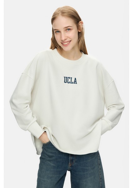 Olvera Kemik Rengi Bisiklet Yaka Nakışlı Loose Fit Kadın Sweatshirt fiyatları