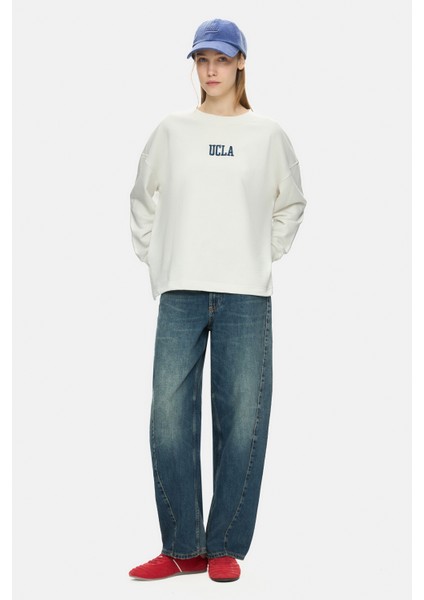 Olvera Kemik Rengi Bisiklet Yaka Nakışlı Loose Fit Kadın Sweatshirt modelleri