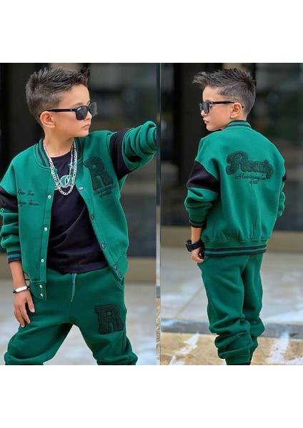 Erkek Çocuk Yeşil Kolej Tarzı 3’lü Eşofman Takımı – R Harf Nakışlı Spor Kombin 43131 indirimleri