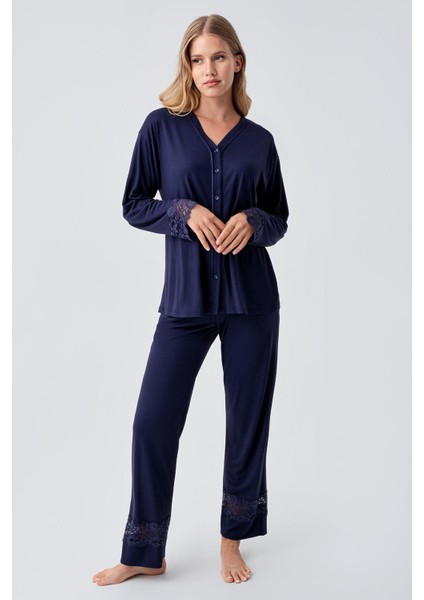 Uzun Kollu Düğmeli Dantelli Esnek Viskoz Pijama Takım 18206 fiyatları