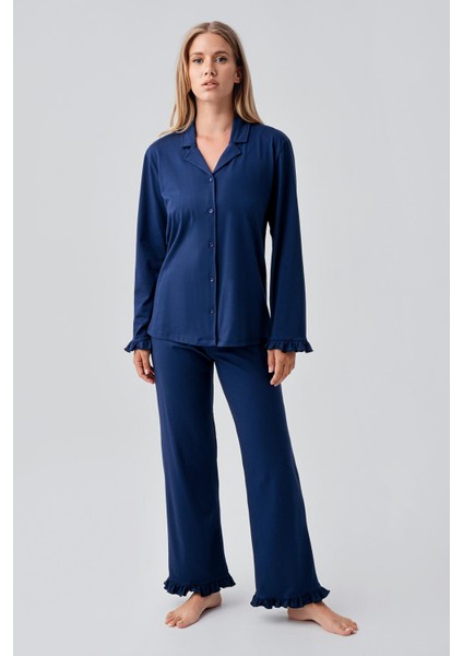 Uzun Kollu Düğmeli Esnek Pamuklu Pijama Takım 18203