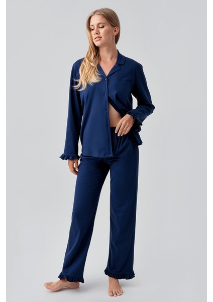 Uzun Kollu Düğmeli Esnek Pamuklu Pijama Takım 18203 fiyatları