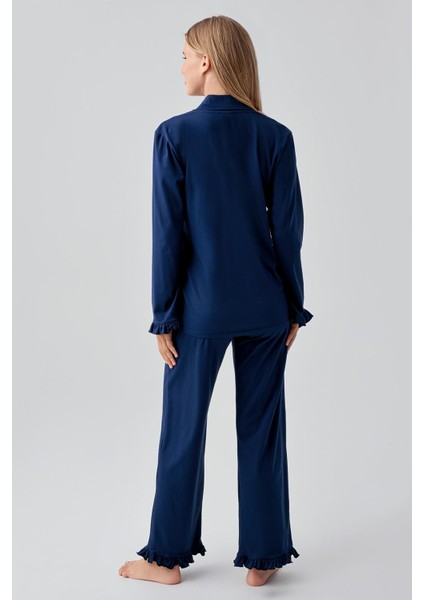 Uzun Kollu Düğmeli Esnek Pamuklu Pijama Takım 18203 fırsatları