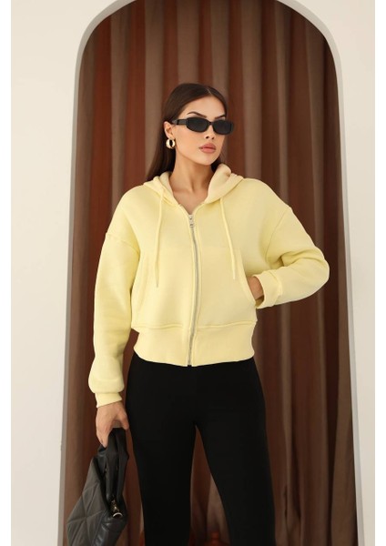 Kadın Fermuarlı Kapşonlu Beyaz Bol Crop Sweatshirt fiyatları