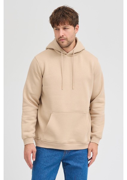 Erkek Bej Standart Fit Normal Kesim Içi Polarlı 3 Iplik Kapüşonlu Pamuklu Sweatshirt