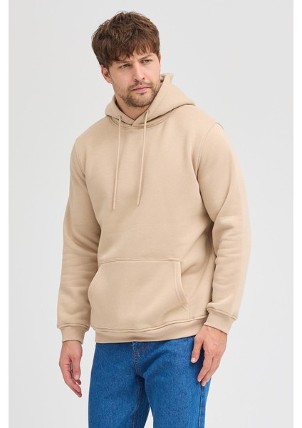 Erkek Bej Standart Fit Normal Kesim Içi Polarlı 3 Iplik Kapüşonlu Pamuklu Sweatshirt modelleri