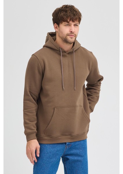 Erkek Kahverengi Standart Fit Normal Kesim Içi Polarlı 3 Iplik Kapüşonlu Pamuklu Sweatshirt