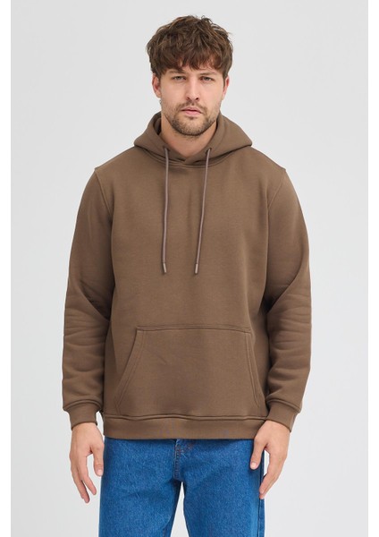 Erkek Kahverengi Standart Fit Normal Kesim Içi Polarlı 3 Iplik Kapüşonlu Pamuklu Sweatshirt fiyatları