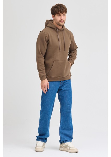 Erkek Kahverengi Standart Fit Normal Kesim Içi Polarlı 3 Iplik Kapüşonlu Pamuklu Sweatshirt modelleri