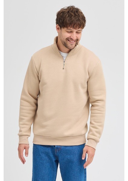 Unisex Regular Fit Rahat Kesim Pamuklu Içi Polarlı Yarım Fermuarlı Bej Dik Yaka Sweatshirt modelleri