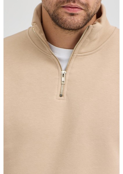 Unisex Regular Fit Rahat Kesim Pamuklu Içi Polarlı Yarım Fermuarlı Bej Dik Yaka Sweatshirt fırsatları