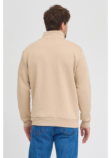 Unisex Regular Fit Rahat Kesim Pamuklu Içi Polarlı Yarım Fermuarlı Bej Dik Yaka Sweatshirt indirimleri