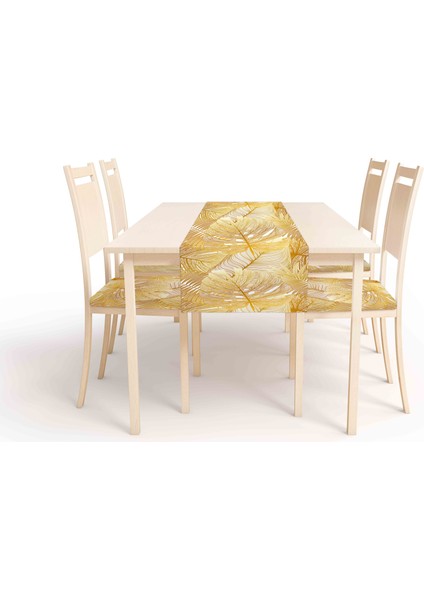 Altın Yaprak Desen , Dijital Baskı , Çift Taraflı , Süngerli Fermuarlı 4 Adet Sandalye Minderi ve 1 Runner Mutfak Bahçe Yemek Masası 5li Set