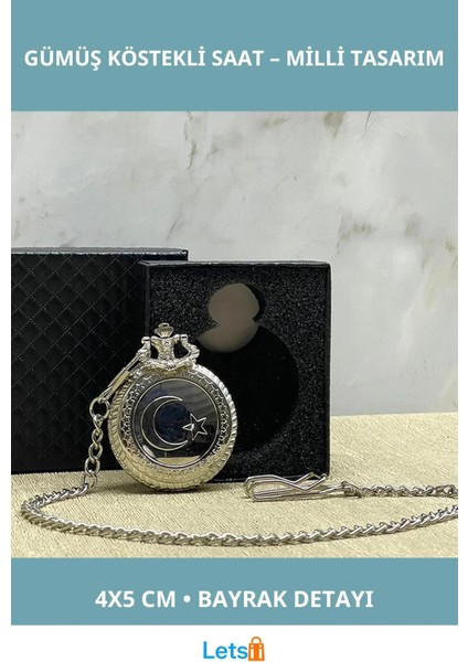 Özel Kutulu Türk Bayrağı Tasarımlı Gümüş Köstekli Saat
