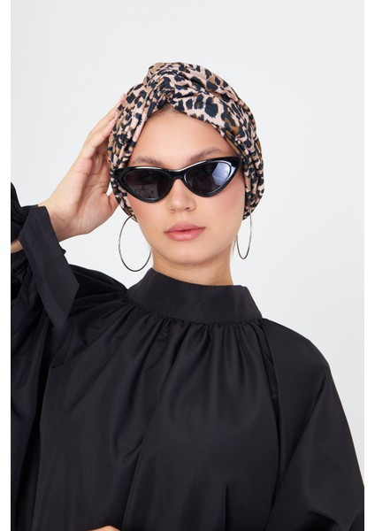 Pudra Çapraz Büzgülü Tesettür Bone Sandy Leopar Desen 2511_06