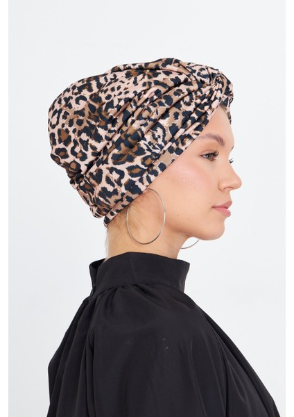 Pudra Çapraz Büzgülü Tesettür Bone Sandy Leopar Desen 2511_06 modelleri