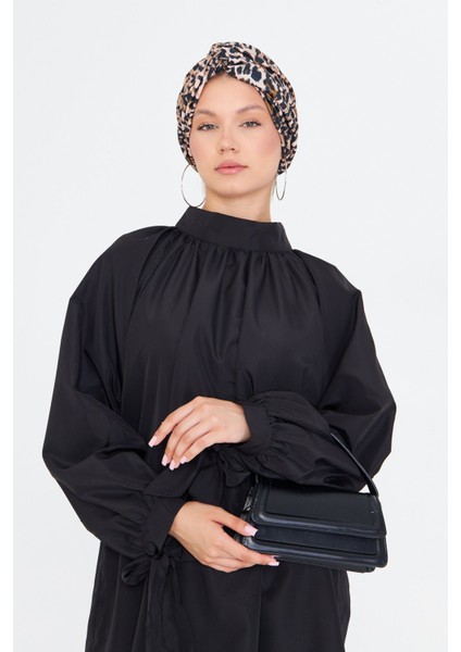 Pudra Çapraz Büzgülü Tesettür Bone Sandy Leopar Desen 2511_06