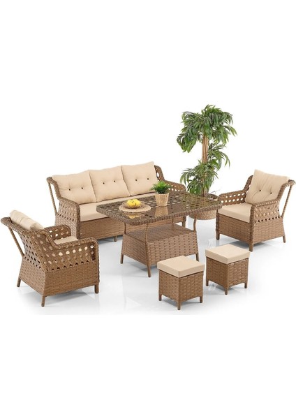 Rattan Alfa Bahçe Mobilyası 3+1+1+1+1+Camlı Masa