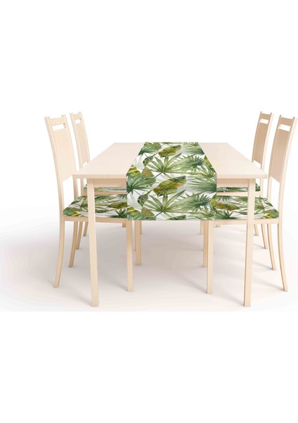Botanik Desen , Dijital Baskı , Çift Taraflı , Süngerli Fermuarlı 4 Adet Sandalye Minder ve 1 Runner Mutfak Bahçe Yemek Masası 5li Set