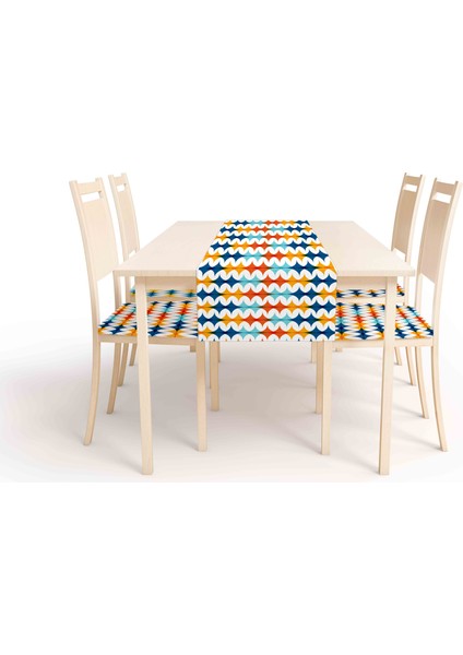 Geometrik Desen , Dijital Baskı , Çift Taraflı , Süngerli Fermuarlı 4 Adet Sandalye Minderi ve 1 Runner Mutfak Bahçe Yemek Masası 5li Set