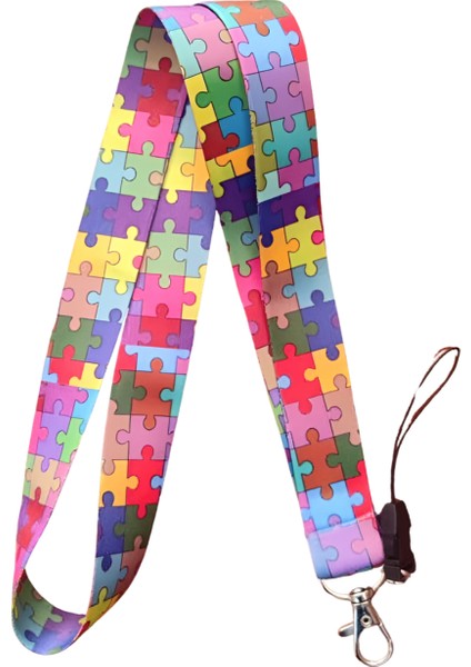 Puzzle Desenli Boyun Askı Ipi ve Telefon Askısı + Kartlık