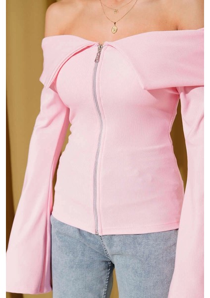 Omzu Açık Fermuarlı Bluz Pembe T4330 fırsatları