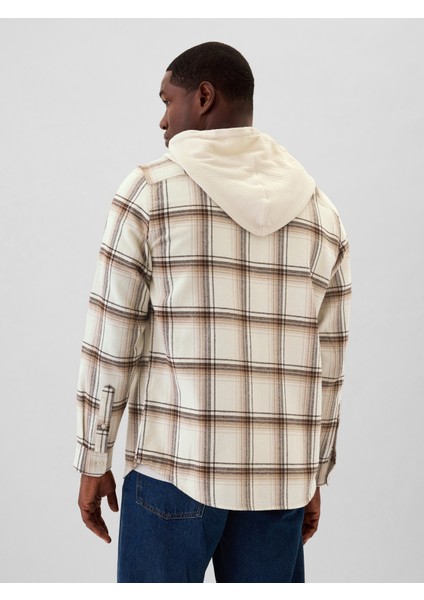 Erkek Kırık Beyaz Hoodie Standard Fit Flannel Gömlek