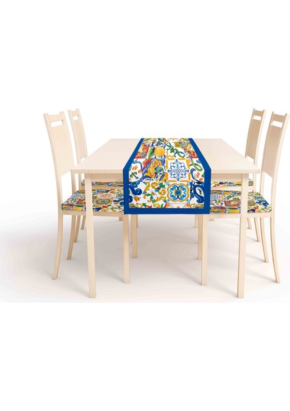 Çini Desen , Dijital Baskı , Çift Taraflı , Süngerli Fermuarlı 4 Adet Sandalye Minderi ve 1 Runner Mutfak Bahçe Yemek Masası 5li Set