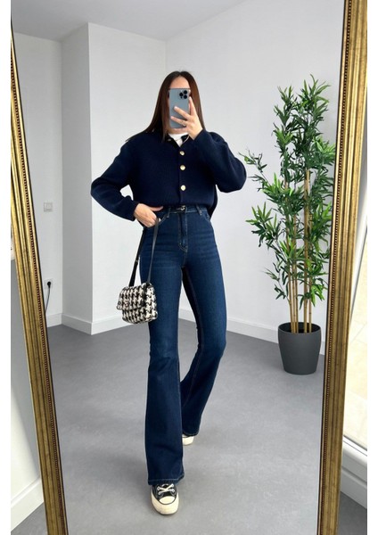 jean Pamela Ispanyol Lacivert Kot Yüksek Bel Likralı Ekstra Esnek Flare Jeans Kot