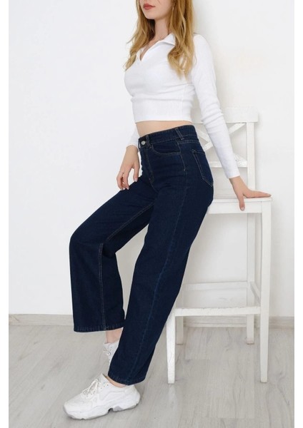 Vintage Icon 90's Lacivert Likralı Süper Extra Yüksek Bel Palazzo Salaş Jean Denim Pant.