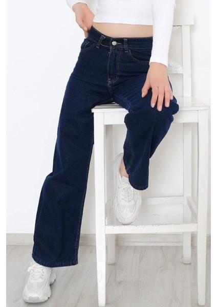 Vintage Icon 90's Lacivert Likralı Süper Extra Yüksek Bel Palazzo Salaş Jean Denim Pant. modelleri