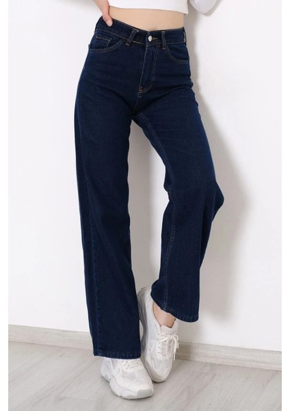 Vintage Icon 90's Lacivert Likralı Süper Extra Yüksek Bel Palazzo Salaş Jean Denim Pant. fırsatları