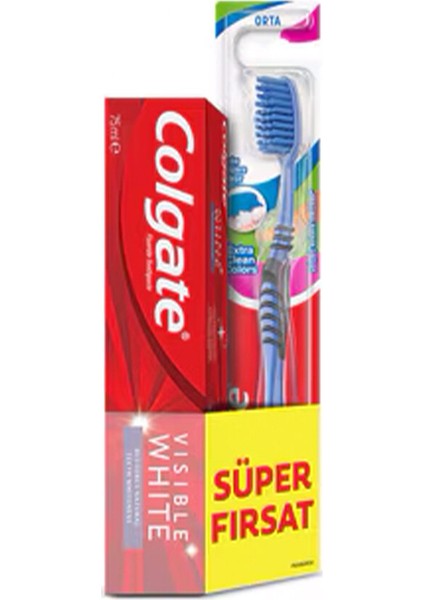 2 Adet Colgate Diş Macunu Visible White 75 ml + Extra Clean Diş Fırçası Seti fiyatları